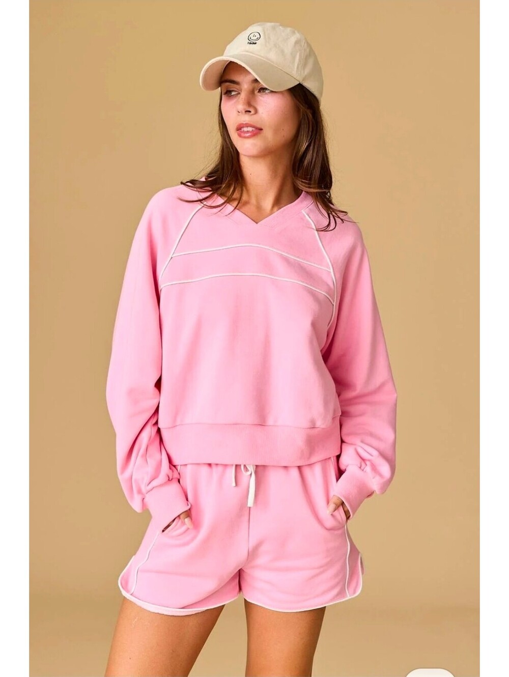 Small Papermoon Pink Two-Piece Lounge Set with White Piping Detail